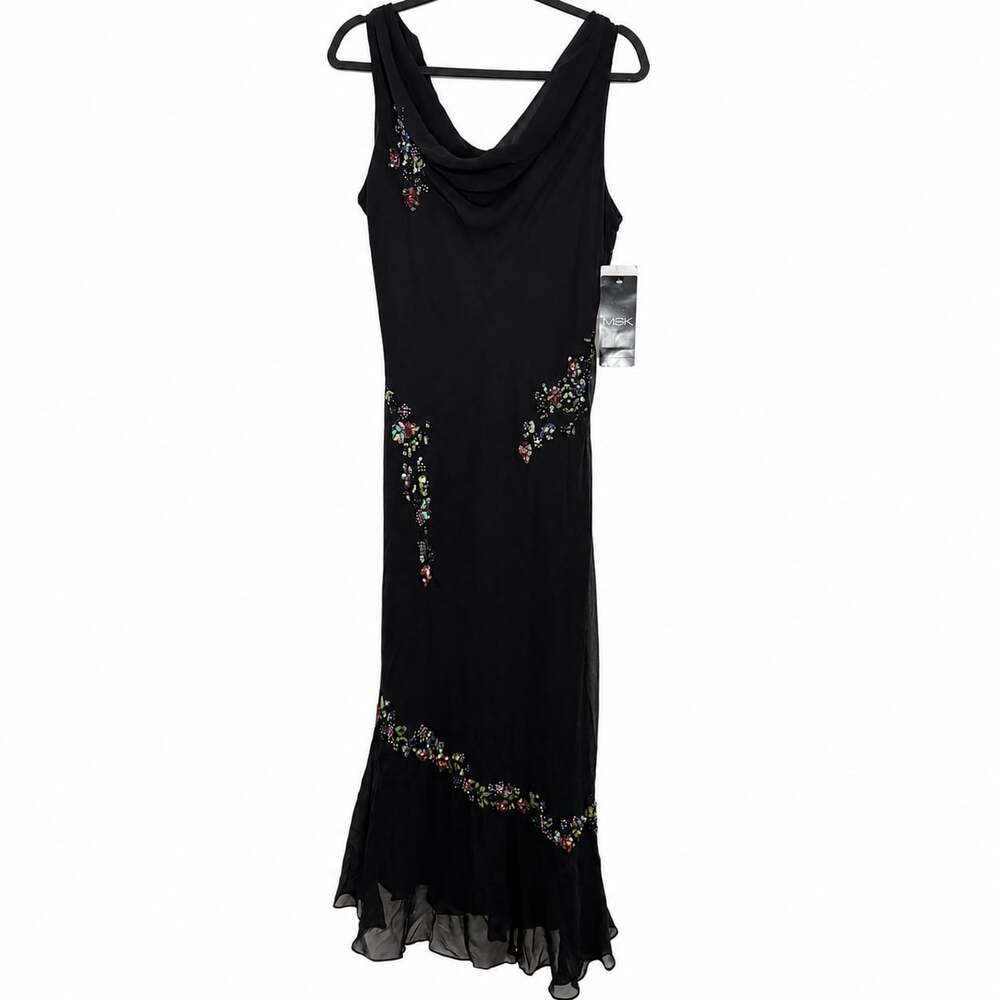NWT Y2K MSK Black 100% Silk Beaded Maxi Gown Size 16 Whimsygoth Formal